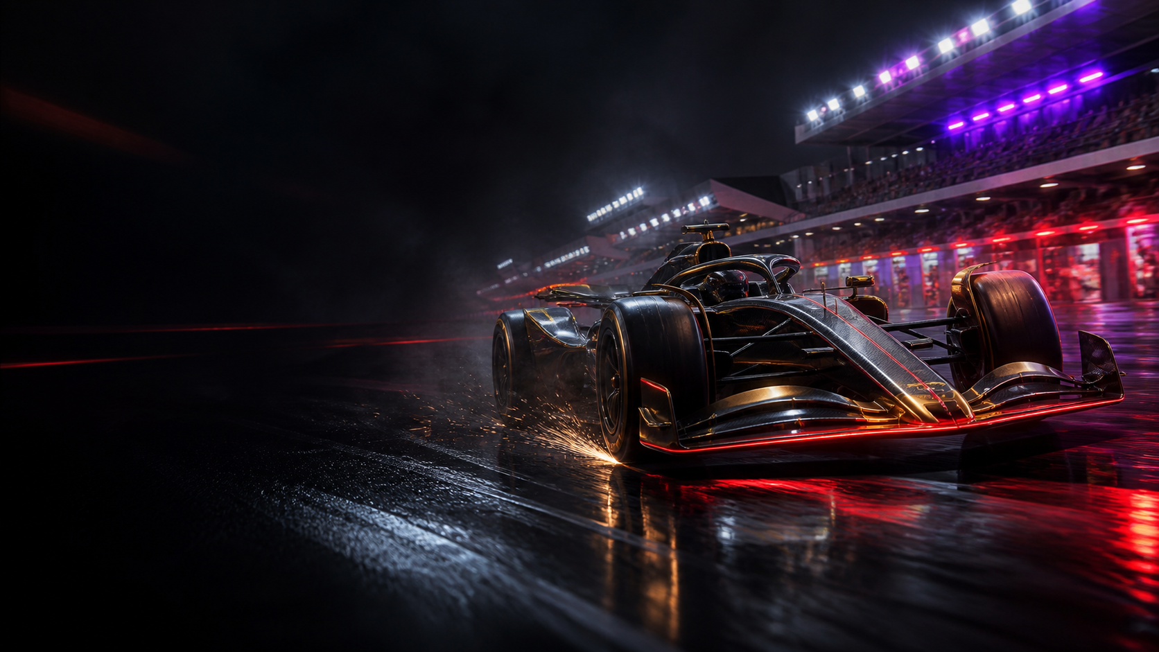 Unbranded open-wheel race cars at night with no driver or sponsor marks