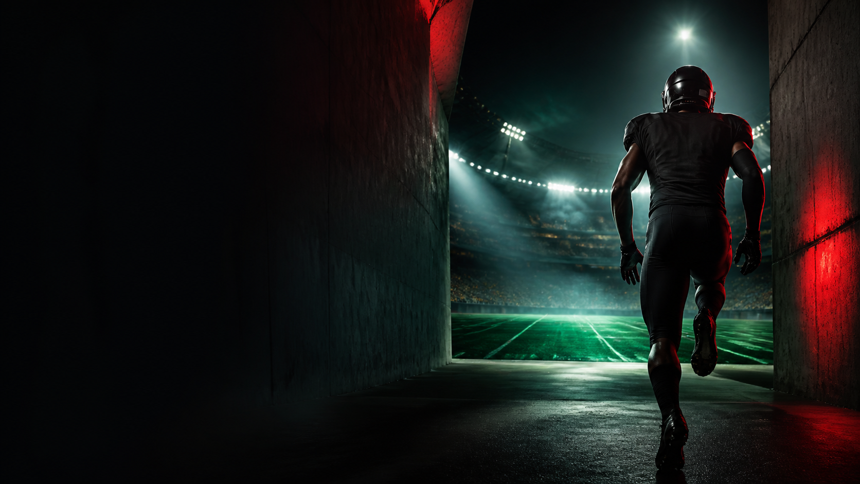 Anonymous football players under stadium lights with no team or league marks